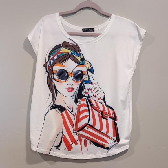 SHEIN White Fashionista Bold Multicolor Short Sleeve Graphic Tee Size Medium - Picture 5 of 9